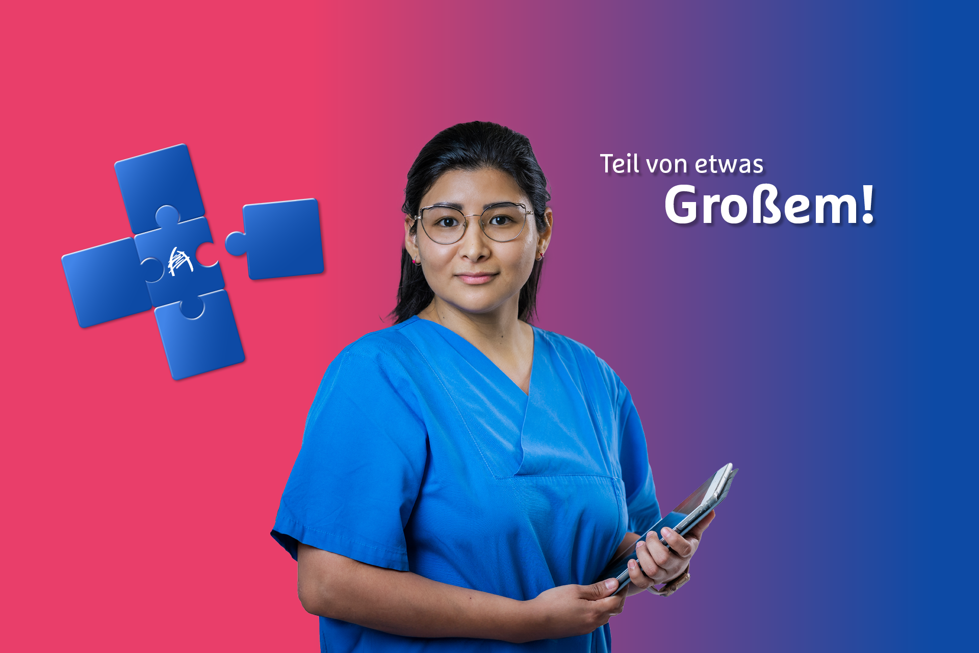 Schnellbewerbung im Hospital - Weibliche Pflegekraft als Teil von etwas Großem